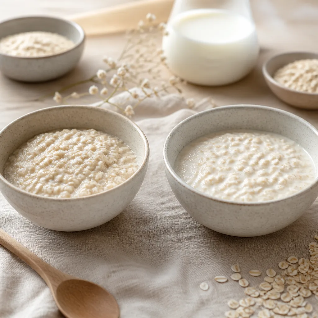 side by side comparison of two small bowls of porridge, one lighter one creamier