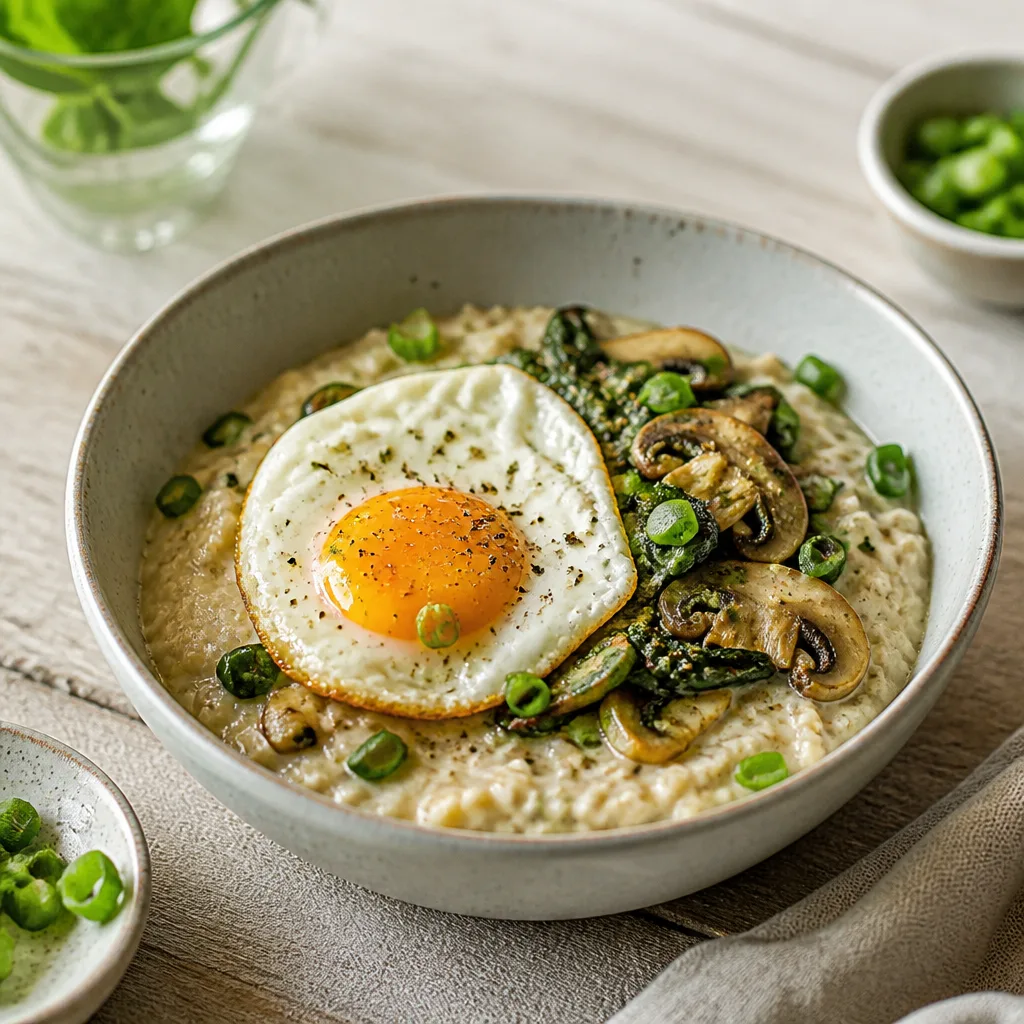 savory porridge topped with a fried egg and fresh herbs in a bowl