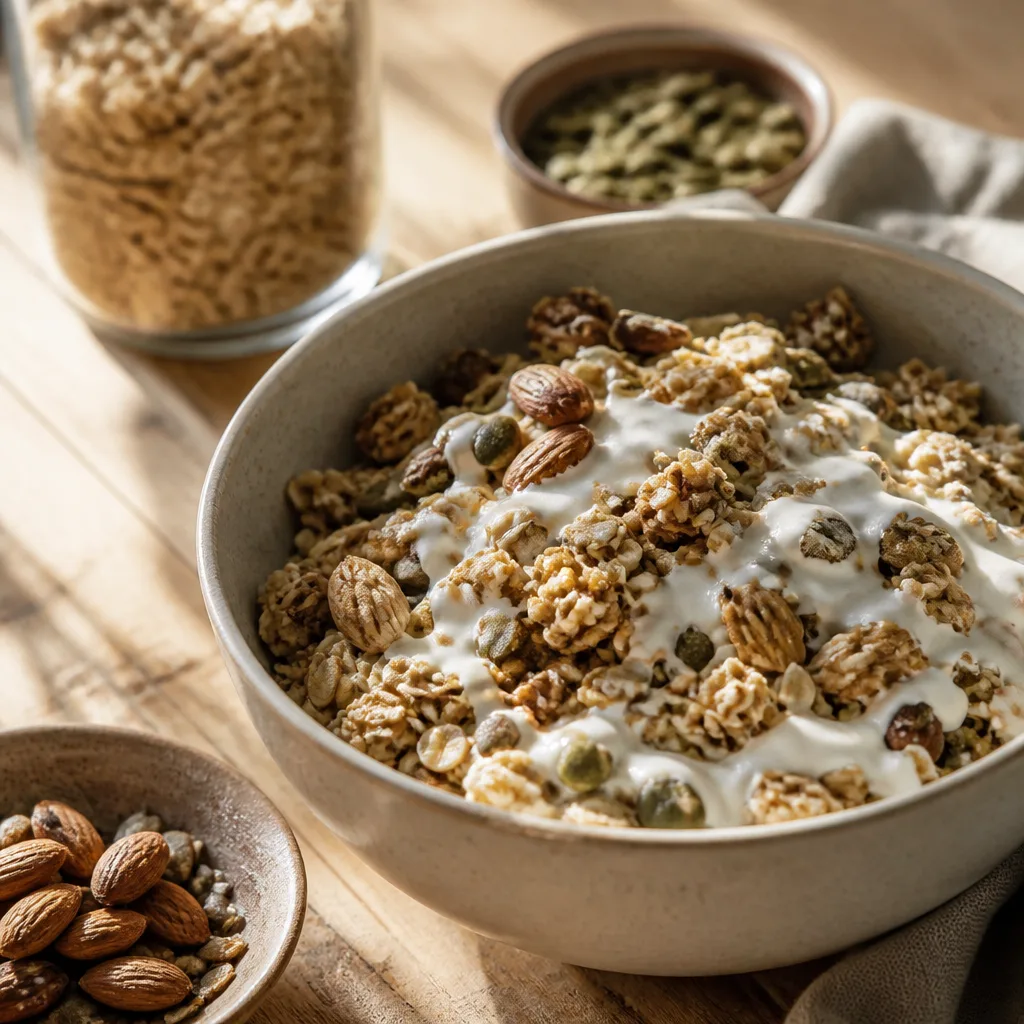 close up bowl of protein muesli with oats, seeds and yogurt drizzle on a rustic wooden table