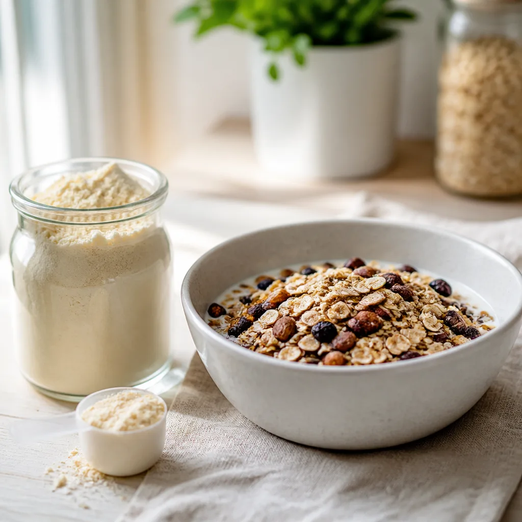 small glass jar of whey protein powder next to a bowl of muesli on a kitchen counter