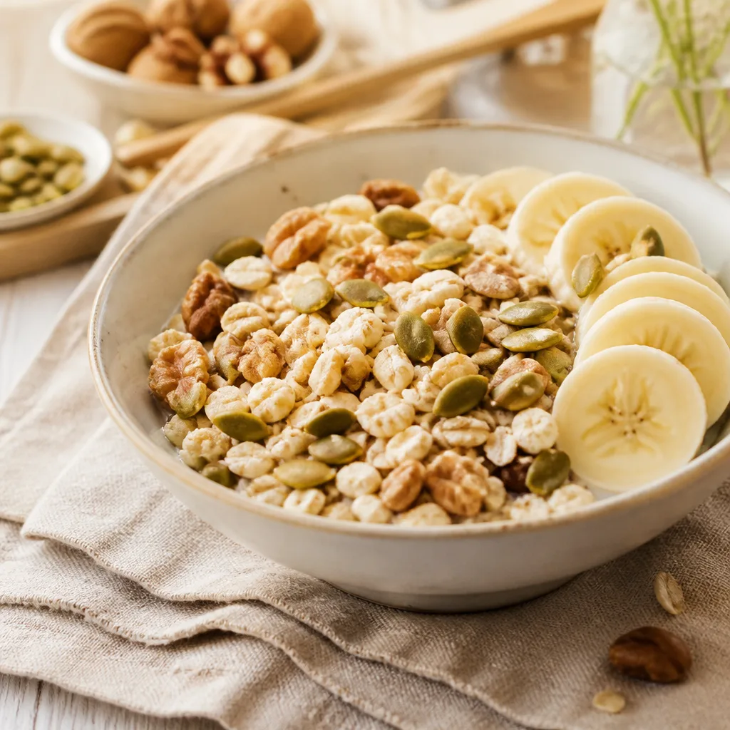 bowl of high protein muesli with sliced banana and pumpkin seeds on a linen napkin