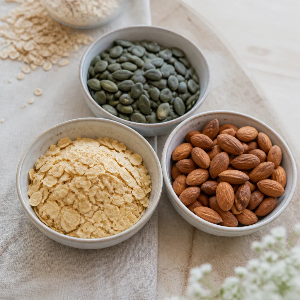 overhead view of small bowls with soy flakes, pumpkin seeds and almonds ready to be mixed into muesli