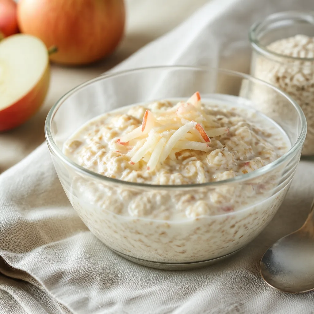 close-up of a glass bowl with grated apple, rolled oats and yogurt in creamy Bircher muesli, soft morning light