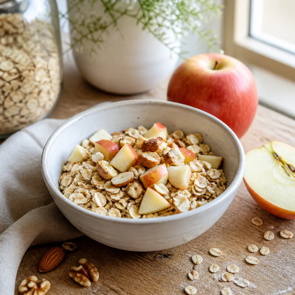 bowl of muesli with oat flakes, chopped nuts and diced apple on a wooden table, natural daylight
