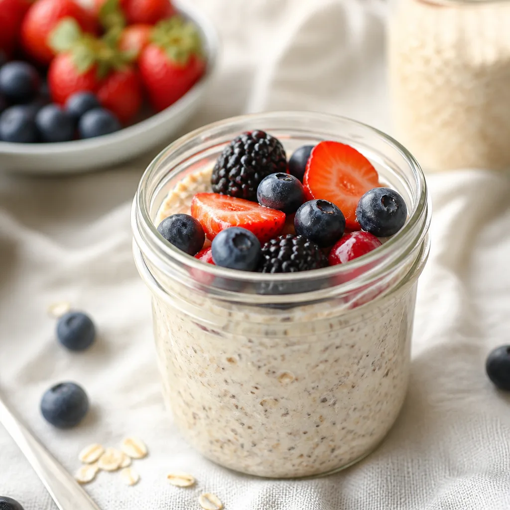 glass jar of overnight oats topped with fresh mixed berries, morning light, close-up
