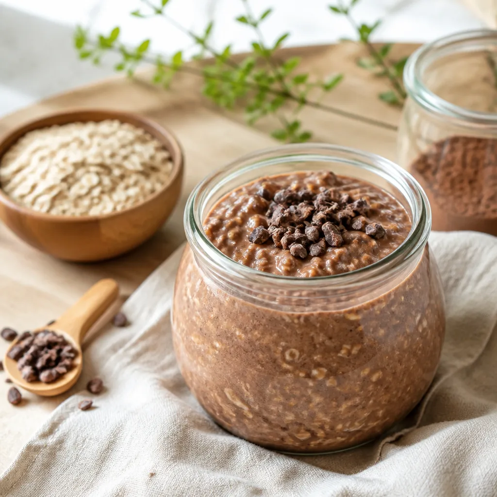glass jar of chocolate overnight oats with a few cacao nibs on top, soft morning light