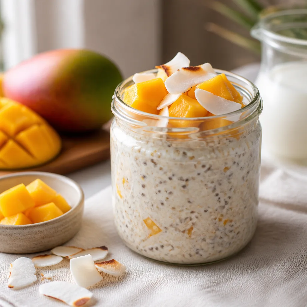 glass jar of overnight oats topped with diced mango and coconut chips, tropical breakfast styling