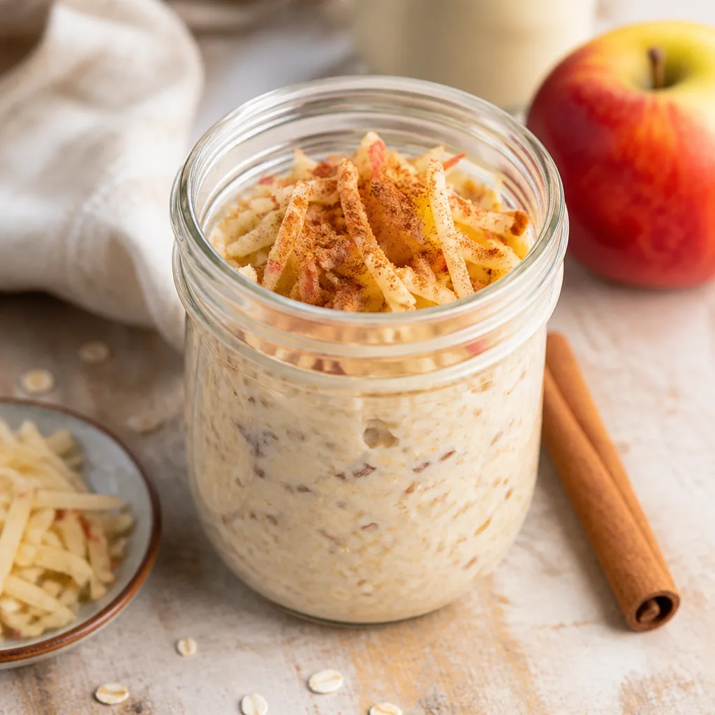 glass jar of overnight oats with grated apple and a cinnamon stick on the side, cozy morning light