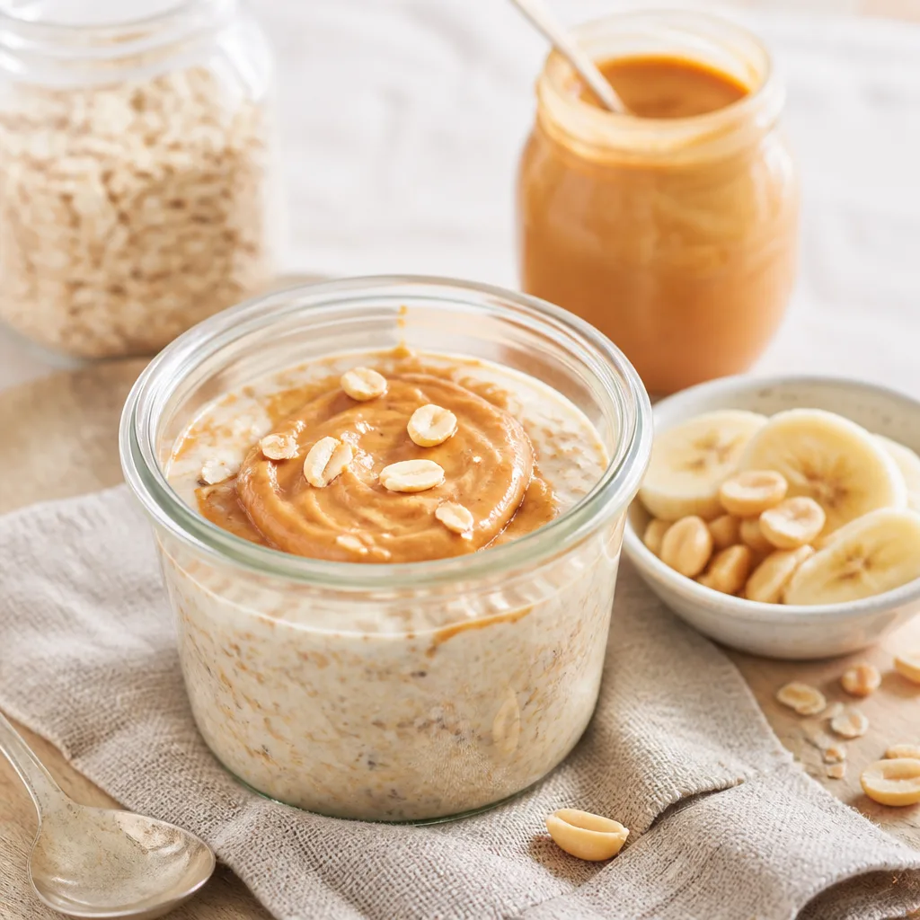 glass jar of overnight oats with a swirl of peanut butter on top, close-up morning food photography