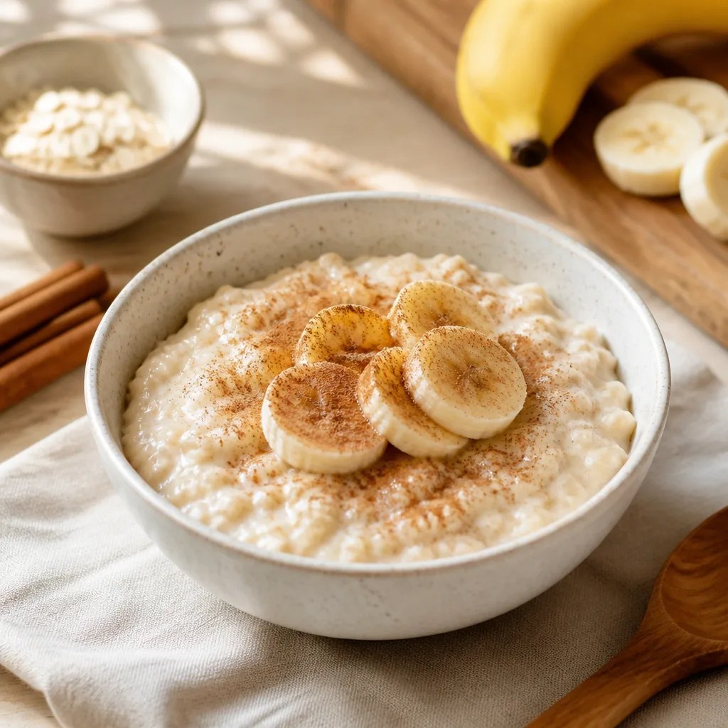 bowl of creamy oat porridge topped with sliced banana and a dusting of cinnamon, warm light