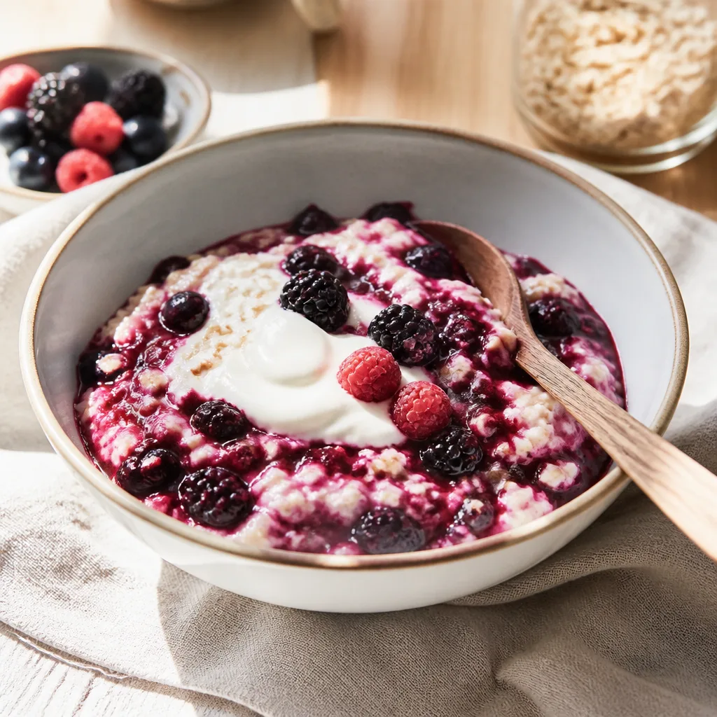 bowl of oat porridge with warm cooked berries swirled through it, rustic wooden spoon, morning light