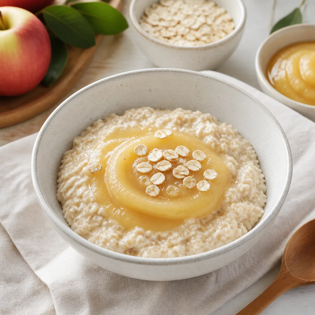 bowl of oat porridge with a swirl of applesauce and a few oat flakes on top, soft natural light