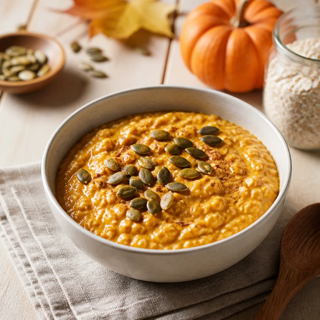 bowl of pumpkin oat porridge topped with pumpkin seeds and a pinch of spice, autumn styling