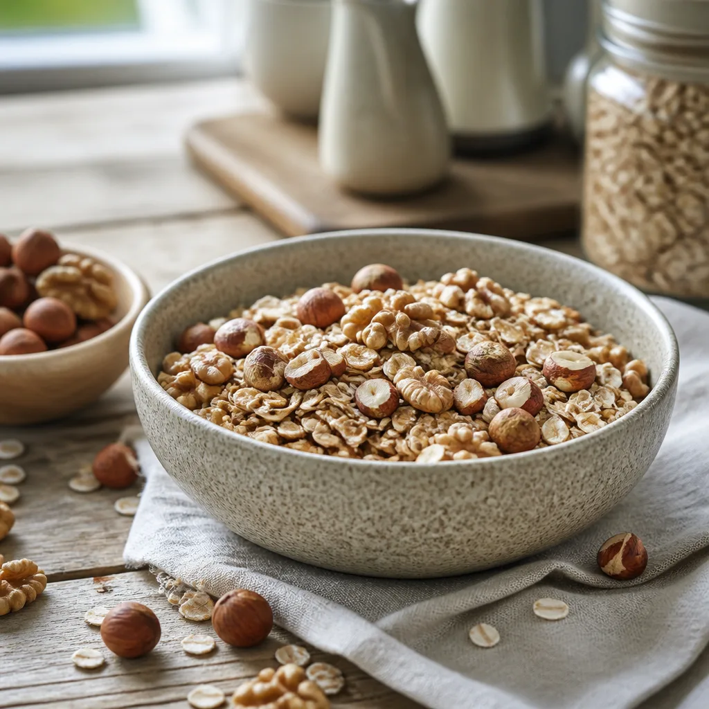 rustic bowl filled with whole grain muesli, walnuts, hazelnuts and rolled oats, morning kitchen background