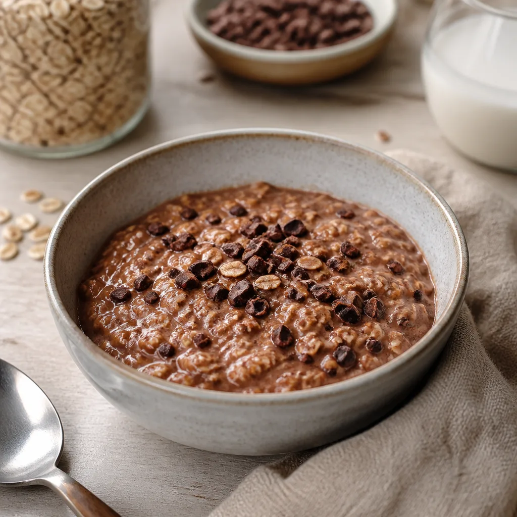 bowl of chocolate protein muesli with oats and cacao nibs, close-up morning food photography