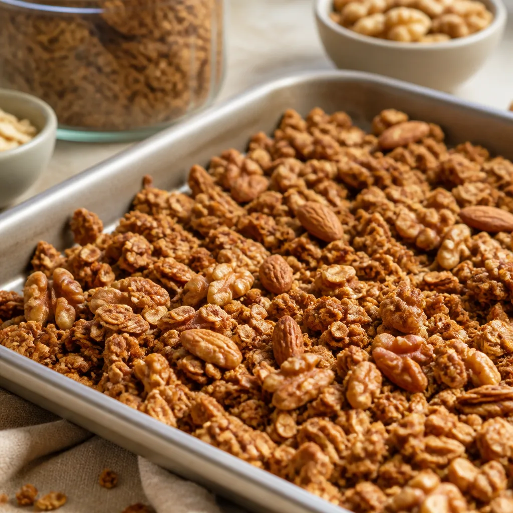 baking tray of granola clusters with nuts, golden brown, close-up bakery lighting