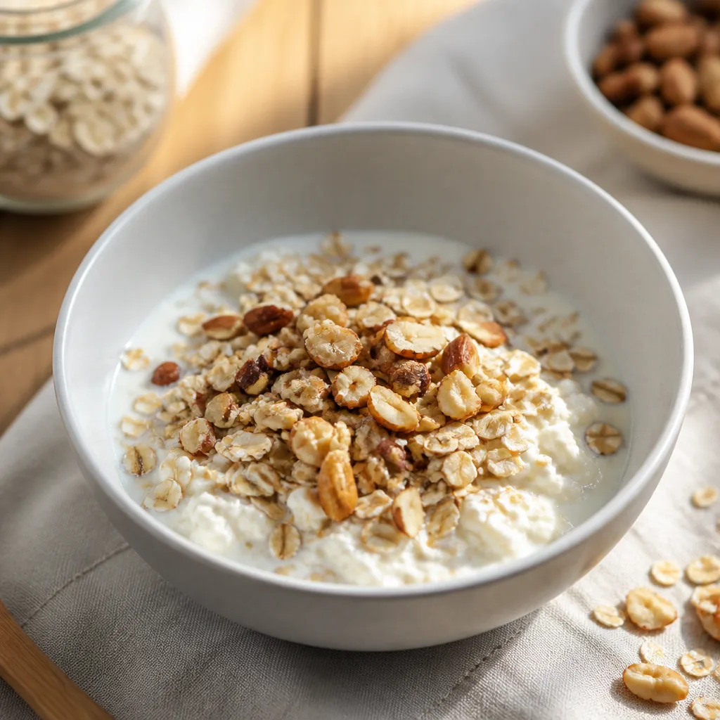 bowl of quark topped with oats and chopped nuts, close-up natural light food photography