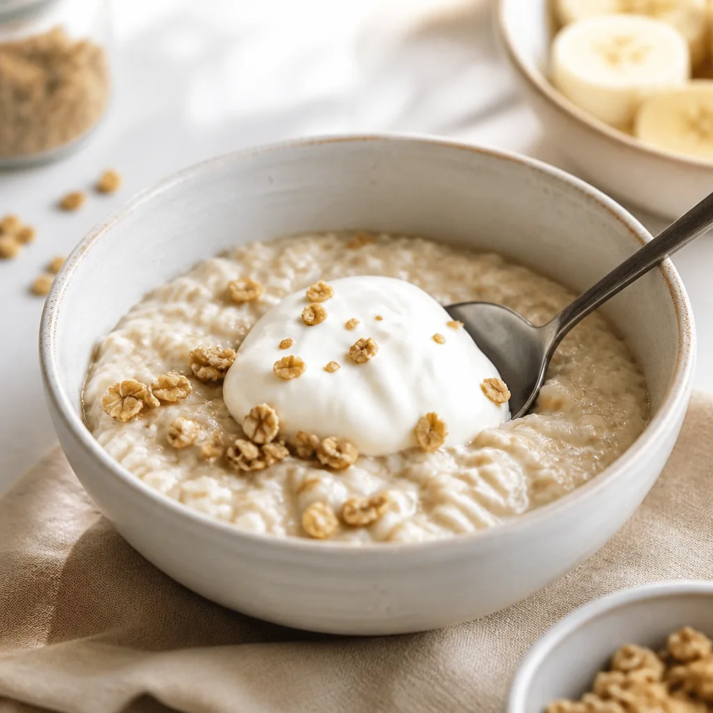 bowl of oat porridge with a dollop of skyr on top, close-up morning food photography