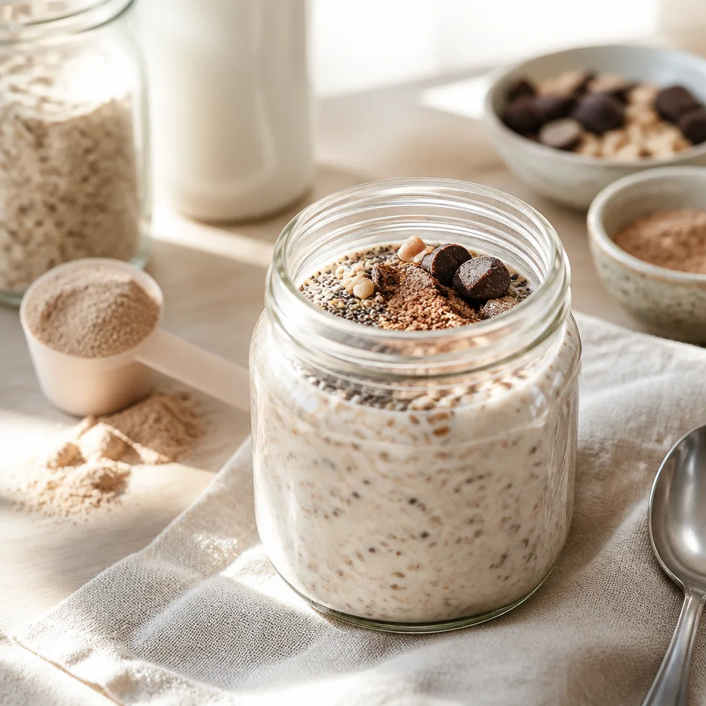 glass jar of overnight oats with a scoop of protein powder mixed in, morning light, close-up