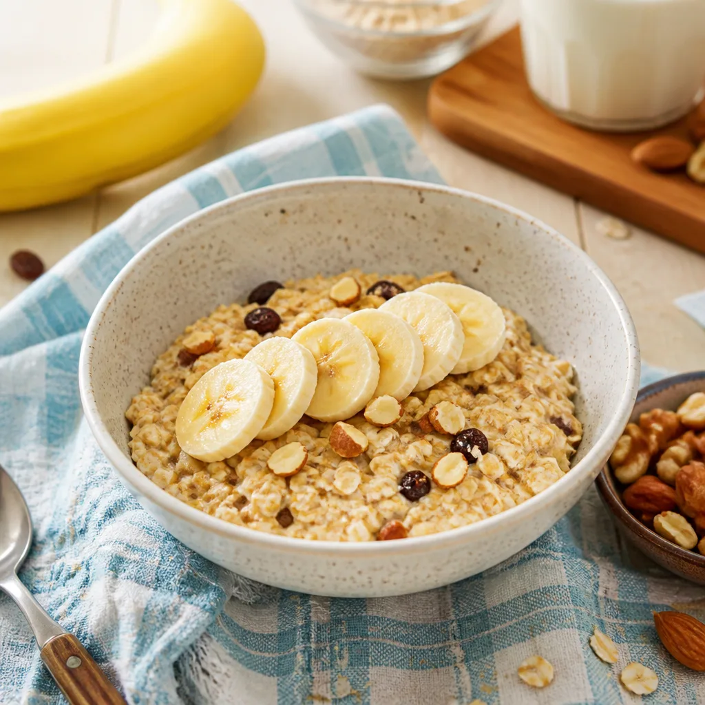 bowl of muesli with sliced banana arranged on top, bright colorful kitchen setting, close-up