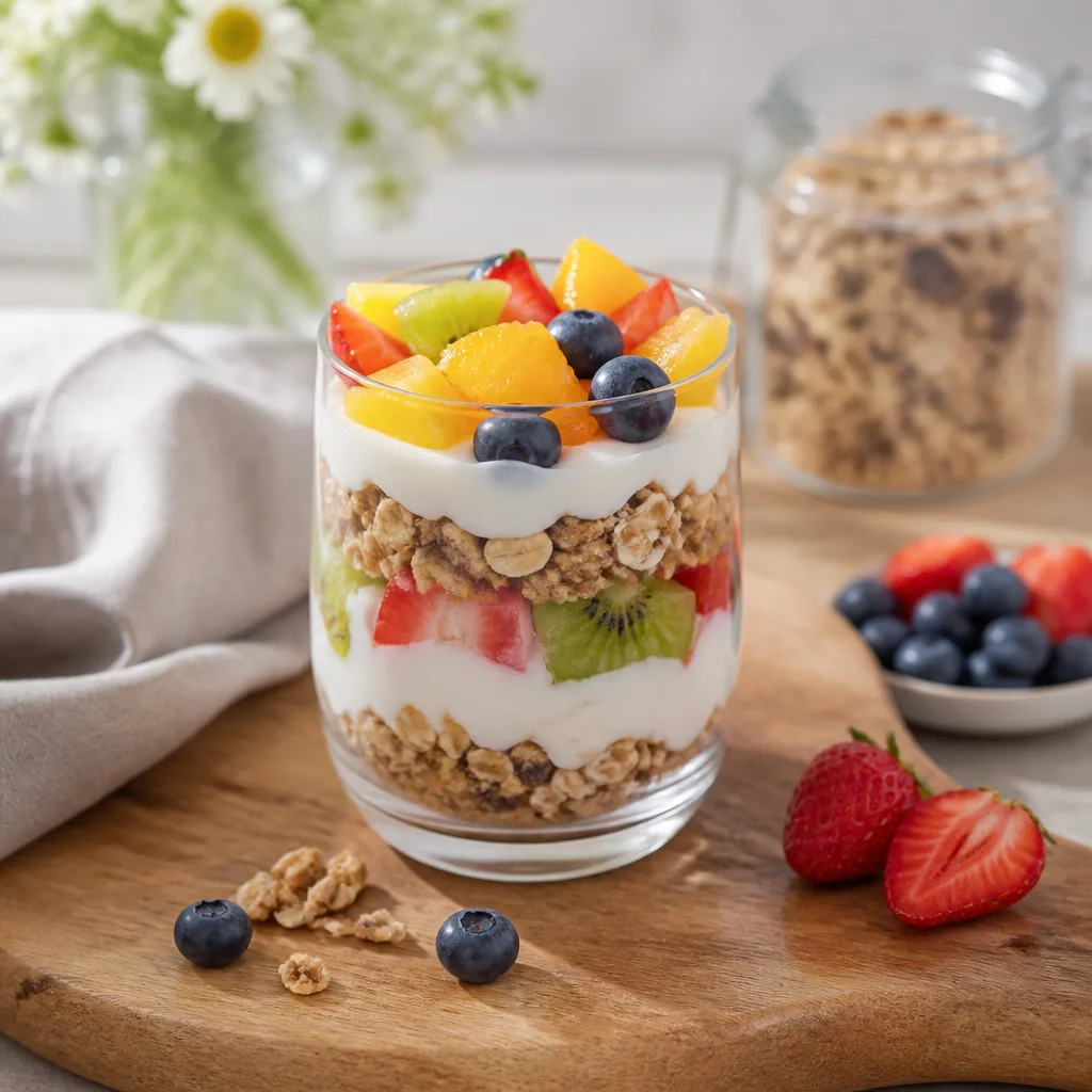 small cup layered with muesli, yogurt and colorful chopped fruit, bright and playful food styling