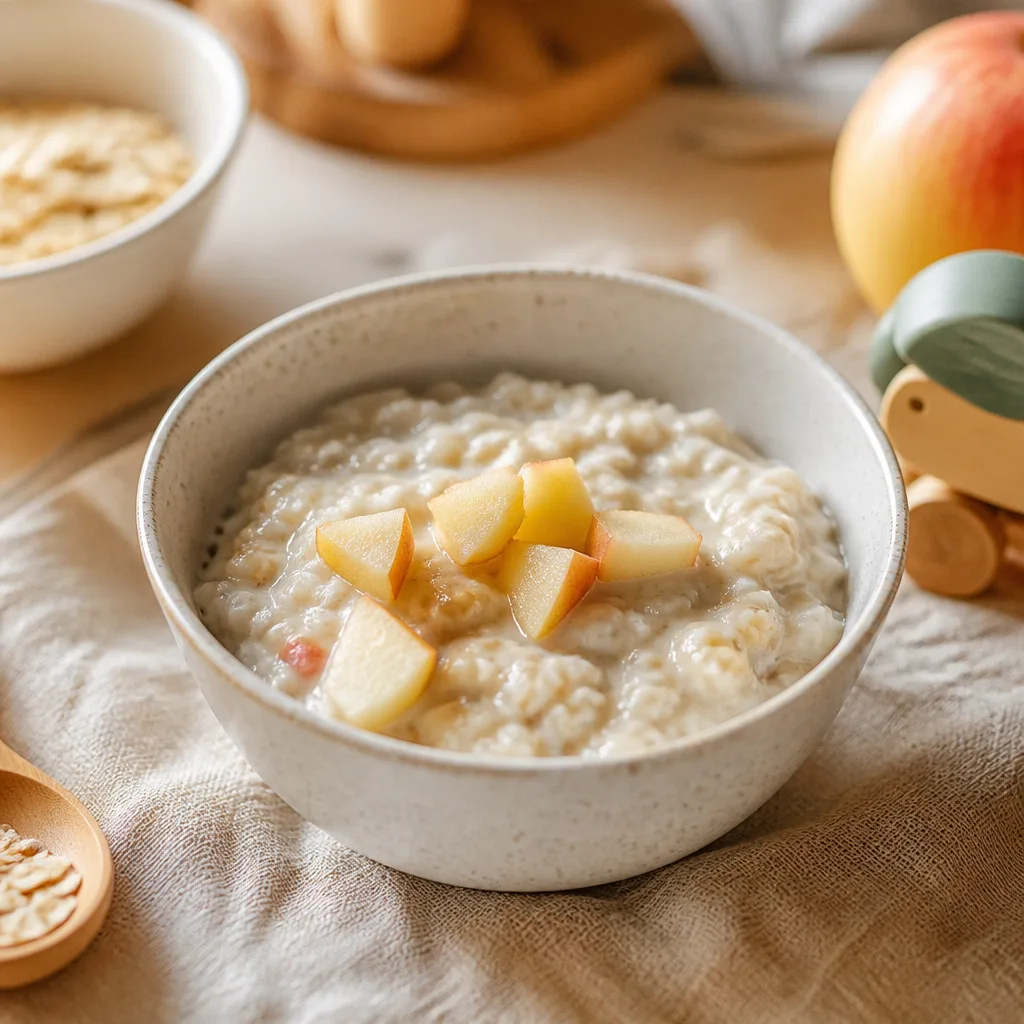 small bowl of soft oat porridge with a few fruit pieces for a child, warm light, close-up