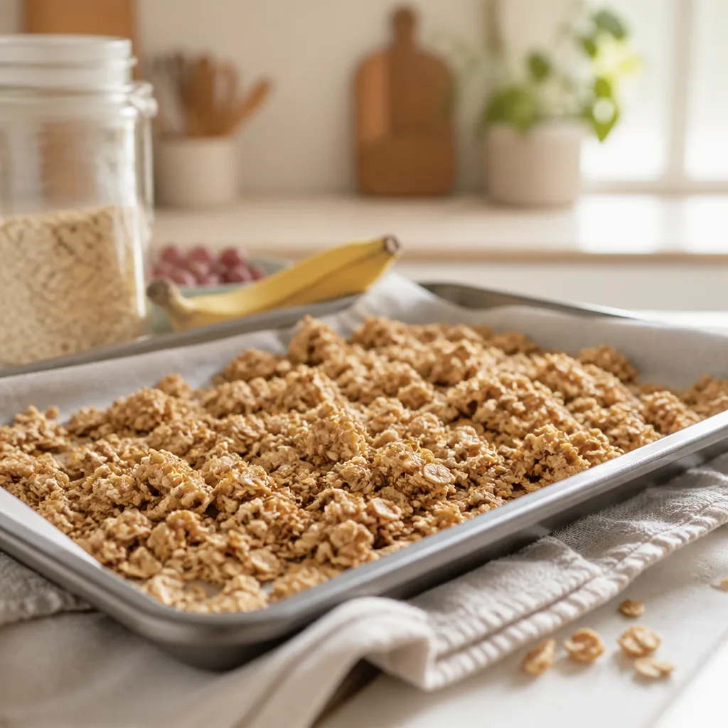 baking tray of light golden granola clusters with small oat pieces, family kitchen setting