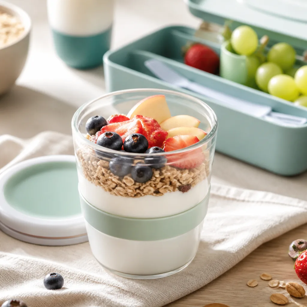 small portable cup with layered yogurt and muesli, lid beside it, ready for a child's lunchbox