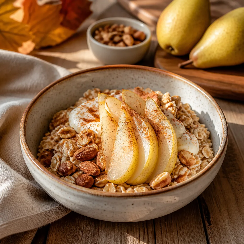 bowl of muesli topped with sliced pear, cinnamon and oats, warm autumn light on a wooden table
