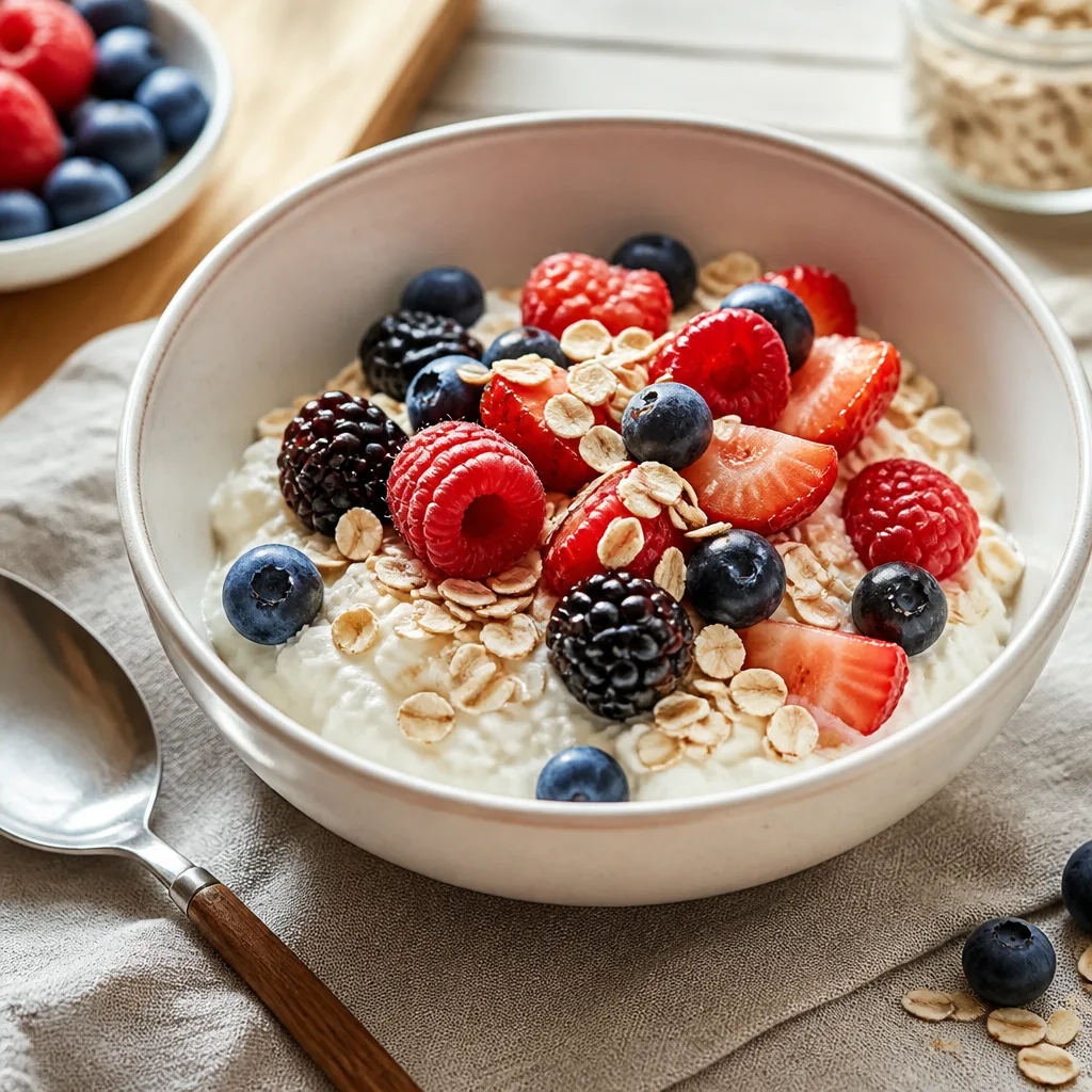 bowl of skyr topped with mixed berries and a sprinkle of oats, bright natural light, close-up food photography