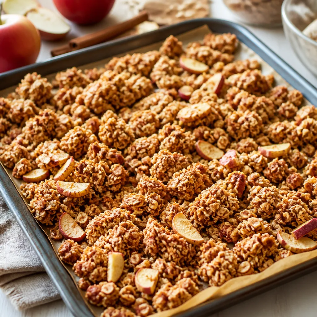 baking tray with clumpy oat granola clusters, dried apple pieces and cinnamon, golden brown, close-up