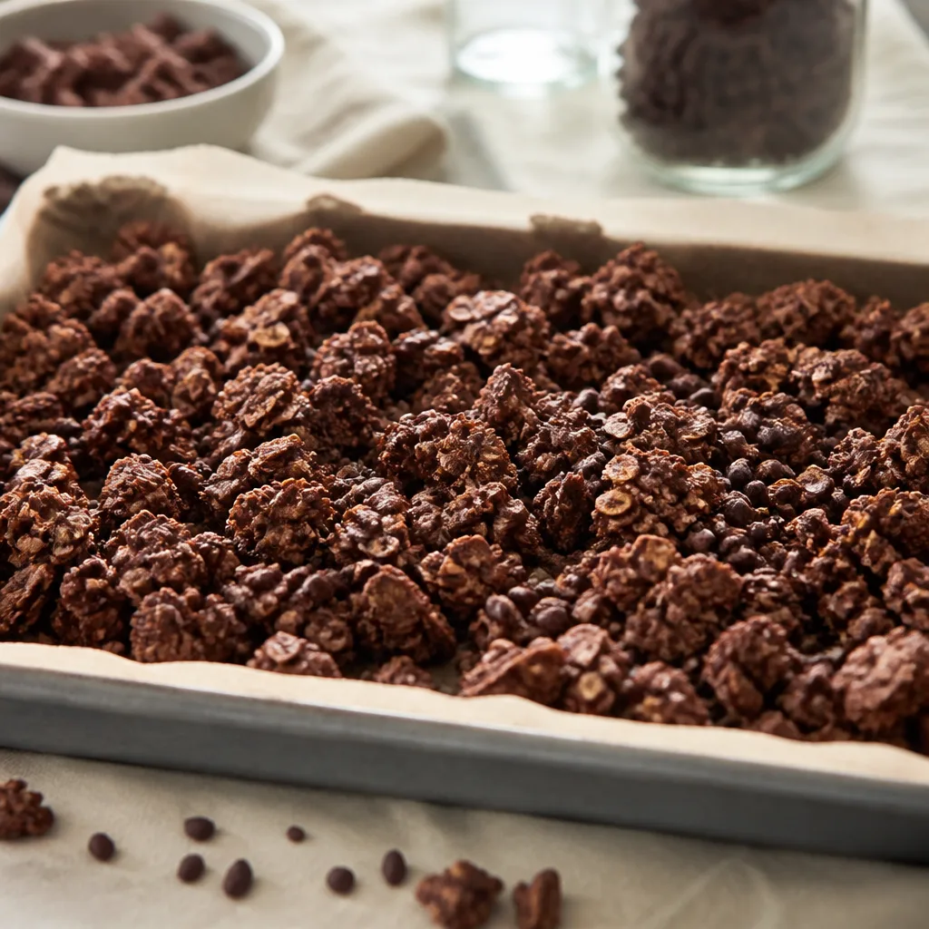tray of dark chocolate oat granola clusters with cacao nibs scattered on top, close-up bakery style lighting