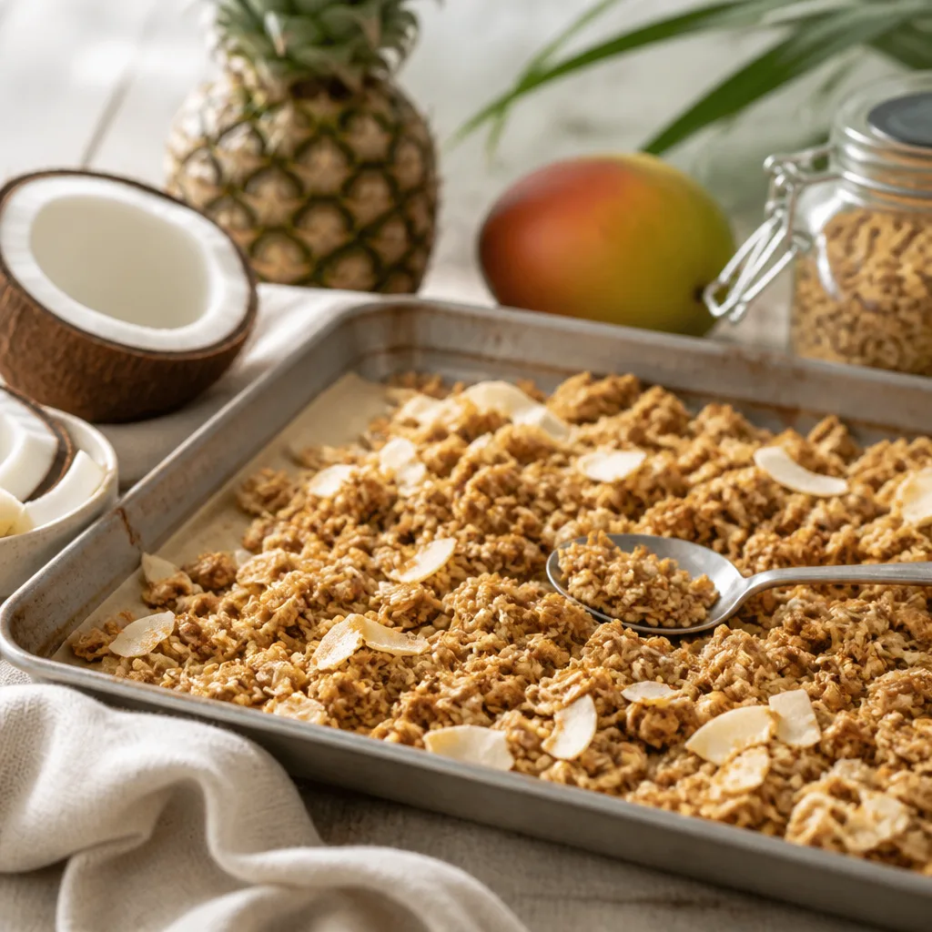 clusters of golden granola with coconut chips on a baking sheet, tropical breakfast styling, soft light