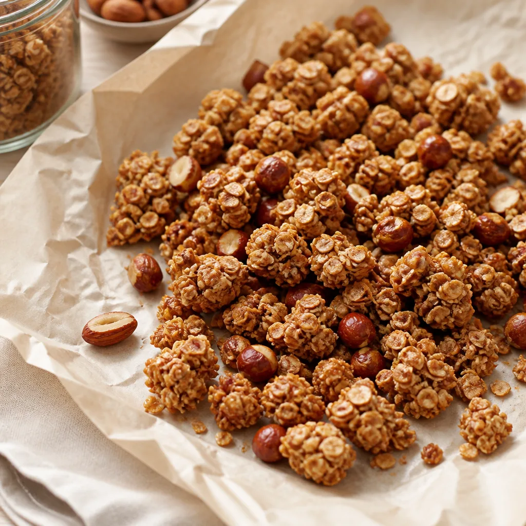 close-up of honey-glazed nut granola clusters with almonds and hazelnuts on parchment paper