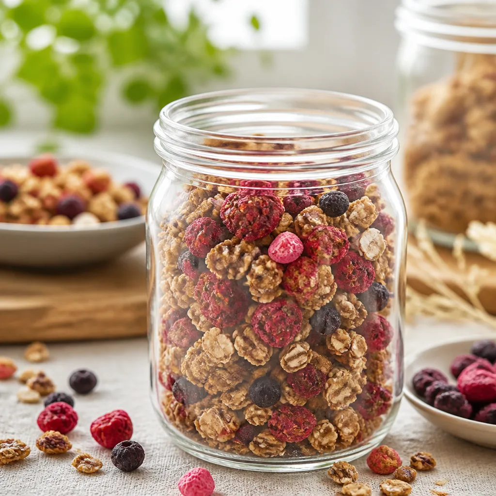 granola clusters mixed with freeze-dried berries in a glass jar, bright colors, kitchen counter