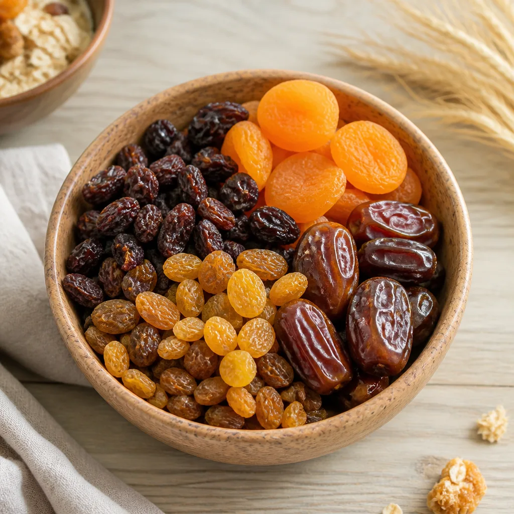 wooden bowl with assorted dried fruits, raisins, apricots and dates, top view, natural daylight
