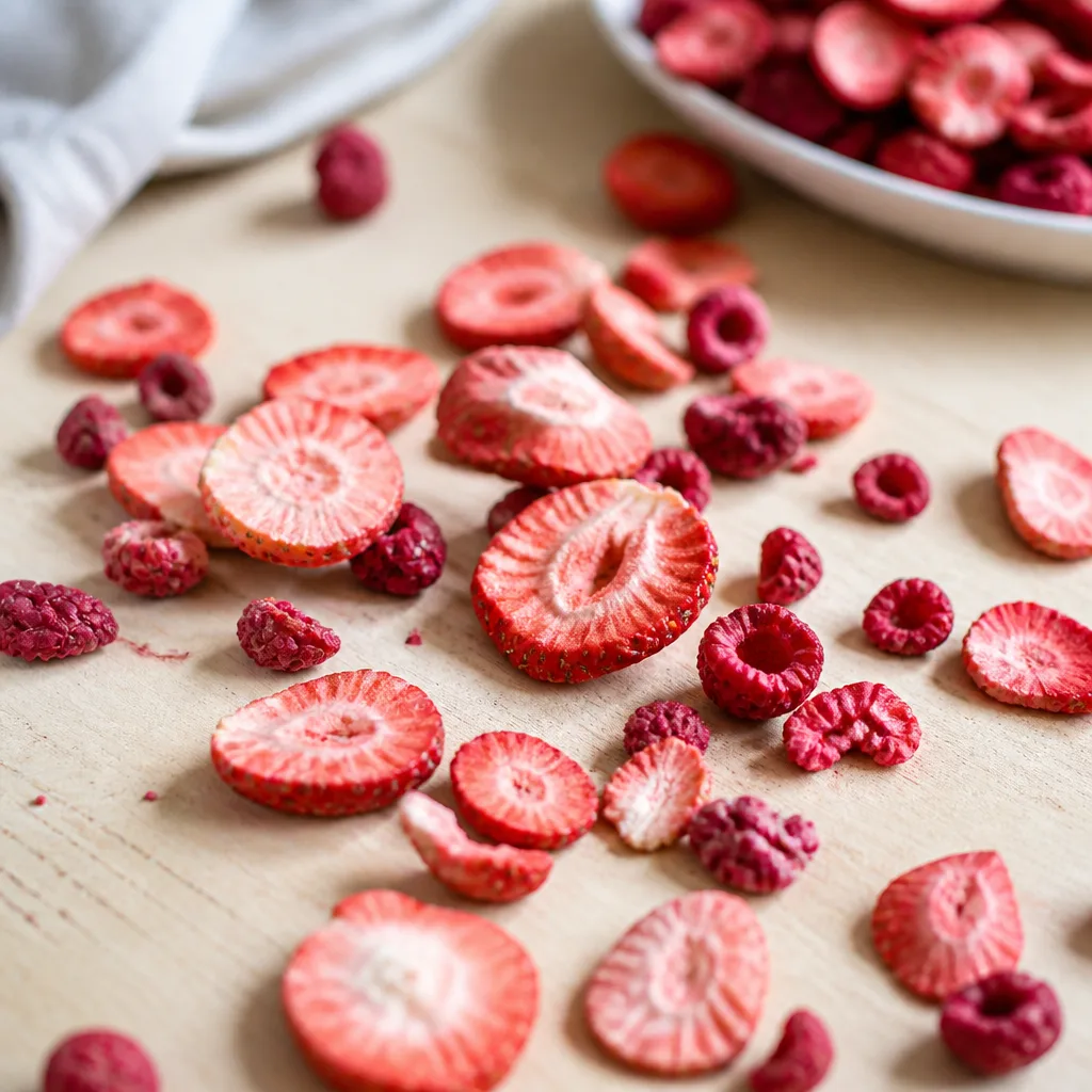 freeze dried strawberry and raspberry pieces scattered on light wooden table, close up