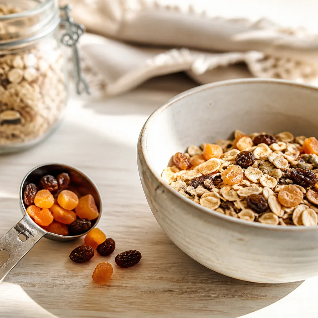 measuring spoon with dried apricot cubes and raisins next to a bowl of muesli