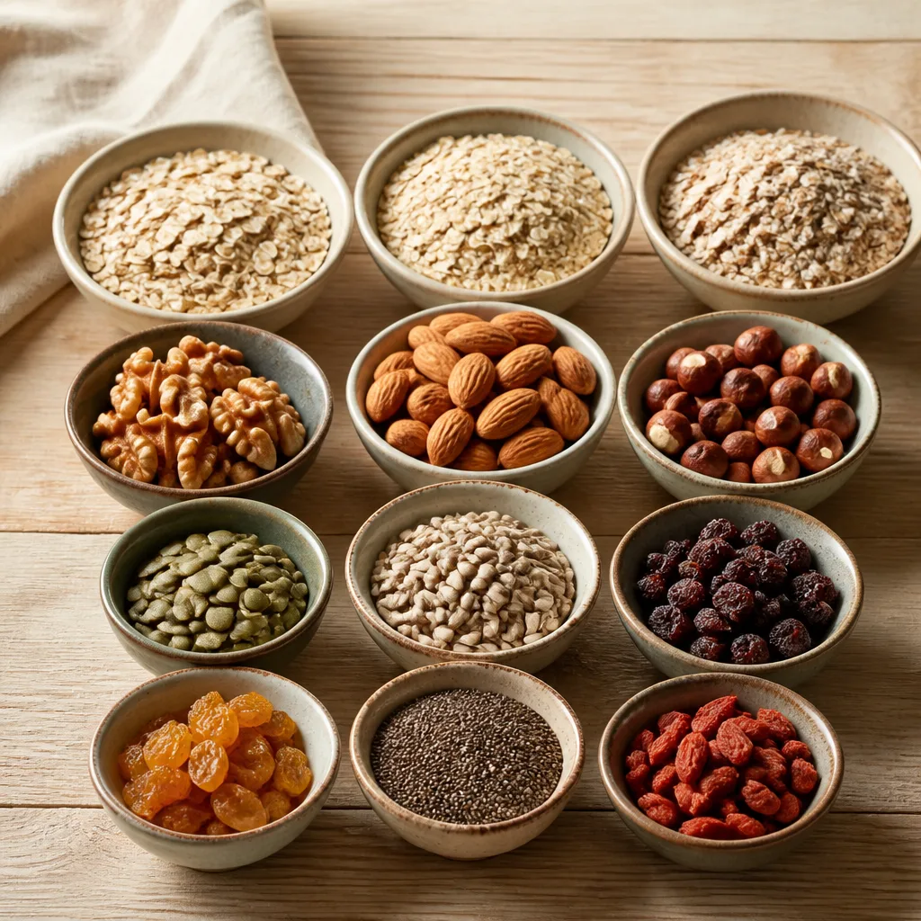 Flat lay of separate small bowls containing oats, nuts, seeds and dried fruit arranged in a grid