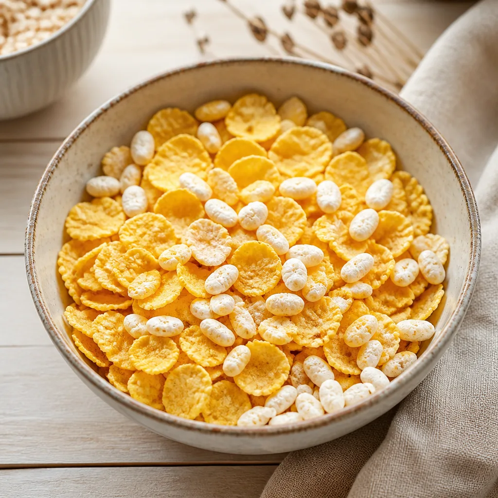 Bowl of crispy cornflakes and puffed rice pieces viewed from above