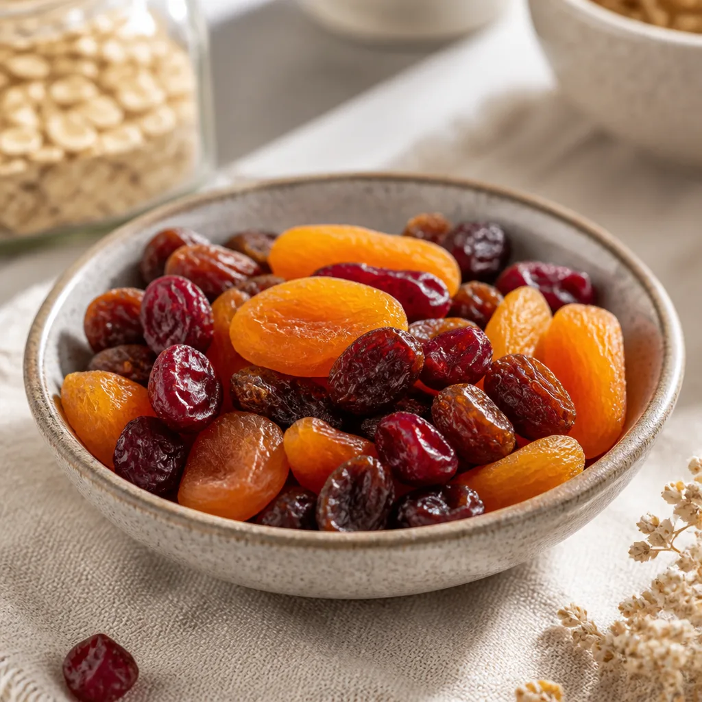 Close-up of dried apricots, raisins and cranberries mixed together in a small dish